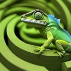 Colorful Green Lizard on Curly Leaf with Blue Highlights