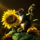 Squirrel on sunflower stem with blooming flowers & blurred background