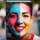 Elaborately Painted Face in Blue and Red with Marching Band Background