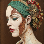 Portrait of person with peeling makeup, turban headpiece, and floral adornments