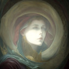 Ethereal woman with red headscarf and gold adornments in Art Nouveau setting