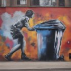 Woman in Blue Top and Jeans Dumping Trash in Overflowing Street Bin