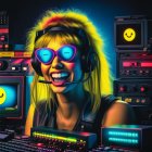 Colorful woman with neon-lit sunglasses and headphones posing with retro electronic equipment and smiley face display