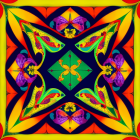 Symmetrical digital fractal art with blue, purple, gold, and orange hues