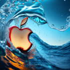 Apple logo in dynamic water splash against blue backdrop