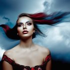 Woman with vibrant, swirling cloud-like colors and dramatic makeup