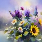 Colorful floral painting with sunflowers, daisies, and purple flowers in lavender field.