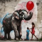 Mural featuring elephant, child with red balloon, and woman in red dress