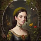 Serene woman in nature-themed attire with moss and flower backdrop