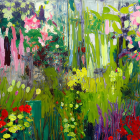 Colorful impressionistic garden painting with flowers and archway