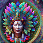 Regal figure with ornate headdress in colorful digital art