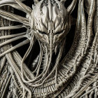 Detailed metallic alien head with intricate cables and tubing design.