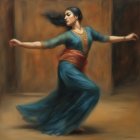 Elegant Dancer in Teal Dress and Orange Sash Twirling