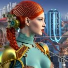 Red-haired female cyborg with intricate headgear in futuristic cityscape