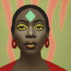 Vibrant digital artwork: Woman with yellow eye makeup on colorful background