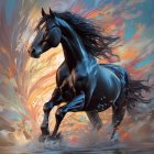 Majestic black horse with purple mane in vibrant orange paint swirls