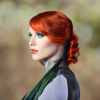 Female Figure with Vibrant Red Hair and Futuristic Outfit