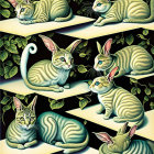 Multiple Striped Cats with Green Eyes in Ivy Setting on Dark Background