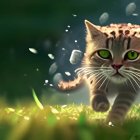 Playful tabby cat with vivid green eyes among dandelions on a sunny day