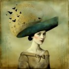 Illustrated woman in green hat with bird and wheat on yellow background