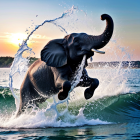 Elephant playing in ocean waves at sunset