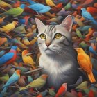 Grey and White Cat with Yellow Eyes Surrounded by Colorful Birds and Green Leaves