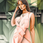 Illustration of woman with long gray hair in pink garment against green leaves