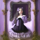 Young girl in vintage dress with contemplative expression in front of ornate frame