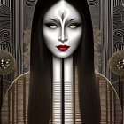 Digital artwork: Woman with long black hair, pale skin, green eyes, red lips on metallic background