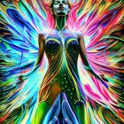 Woman in vibrant cosmic bodysuit with neon light patterns.