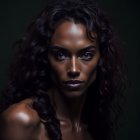 Dark-skinned woman with long, curly hair in striking portrait.