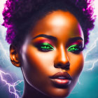 Vibrant neon makeup woman with green eyes in lightning backdrop