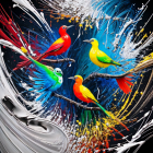 Colorful Birds Perched on Interwoven Branches Amid Intricate Leaf Patterns