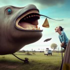 Surreal image: Woman, giant fish, flying turtle, zebra-grasshopper in