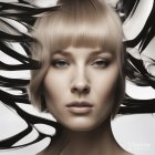 Symmetrical portrait of a woman with striking makeup and swirling hair designs