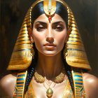 Ancient Egyptian queen portrayed with gold headdress and traditional makeup