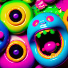 Colorful anthropomorphic donuts with paint-like icing in surreal image