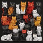 Stylized cat figures in different poses and colors on black background