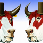 Two cows in top hats with butterfly, blue sky background