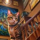 Tabby cat on wooden stairway with framed paintings and pendant light
