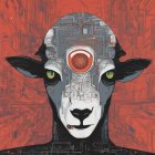 Digital artwork: Sheep's head merges with robotic elements on red circuit background