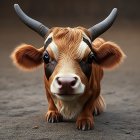 Shaggy Highland Cow with Long Horns in Brown and White Fur