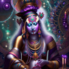 Blue-skinned woman in elaborate headdress and gold jewelry against cosmic backdrop.