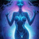 Mystical woman with glowing blue patterns in neon flora setting