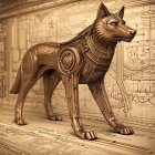 Detailed Mechanical Wolf with Bronze Patterns in Front of Hieroglyphic Wall