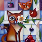 Vibrant Cubist Painting with Cats, Cherries, and Geometric Shapes