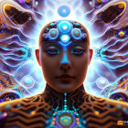 Symmetrical digital artwork of woman with cosmic elements and glowing orbs