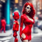 Red-haired woman in red dress with red humanoid robot on city street