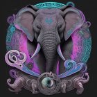 Decorated Elephant Digital Art in Purple, Blue, and Pink