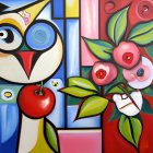 Vibrant abstract painting with stylized owl, flowers, and cherries